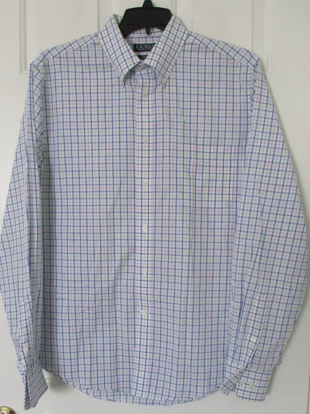 Ralph Lauen Mens L/S White Cotton Check Button-down Dress Shirt- Size 16.5/36-37